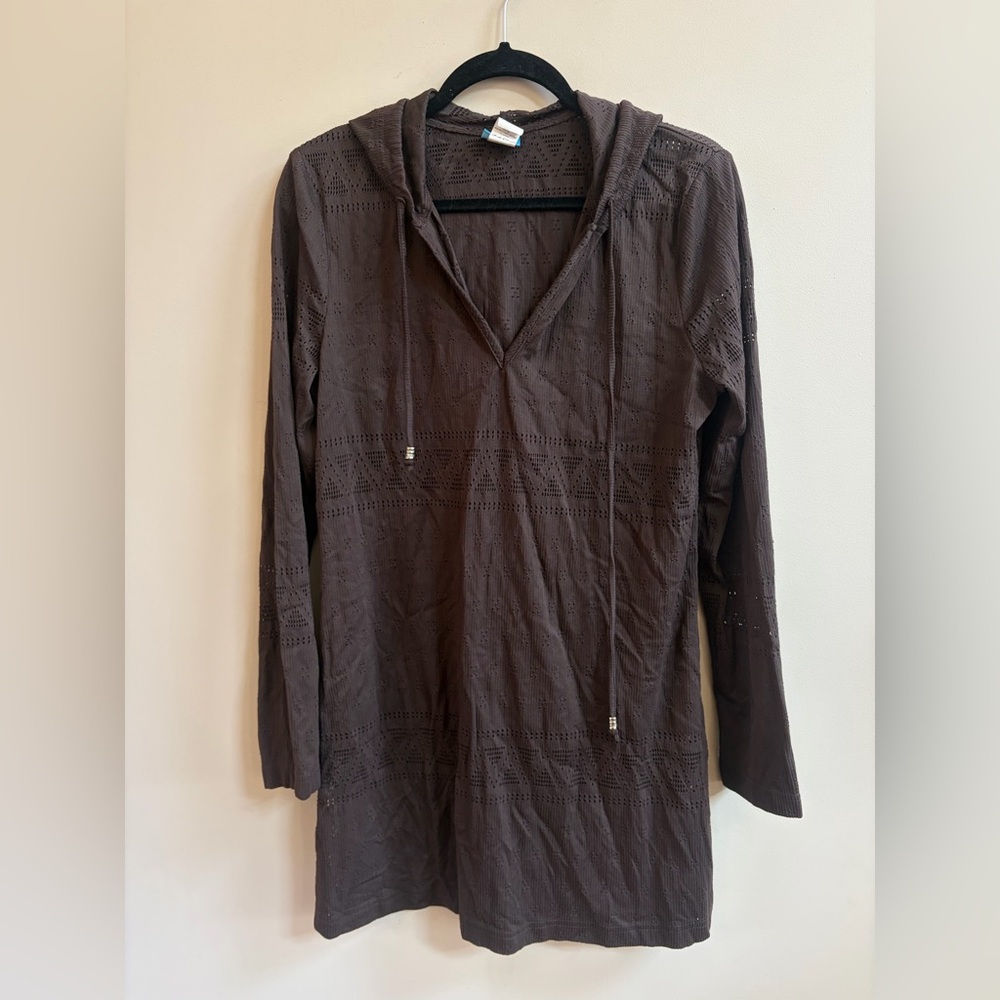 Dotti Brown Eyelet Pattern Hooded Boho Sweater Beach Cover-Up Outerwear Hoodie